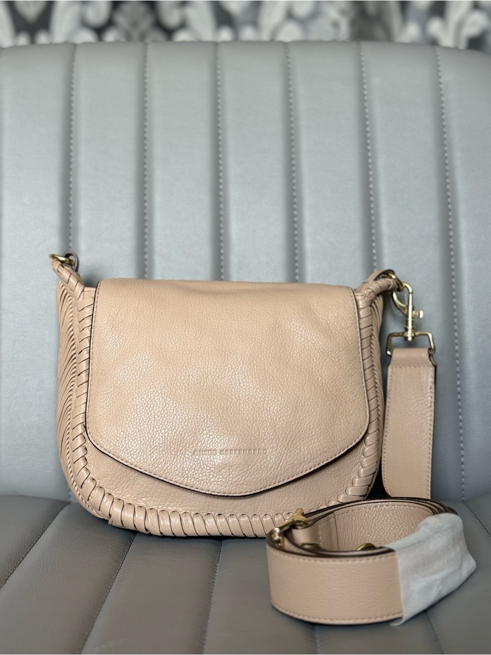 Aimee Kestenberg All For Love Saddle Bag Tan Leather Crossbody Whipstitched